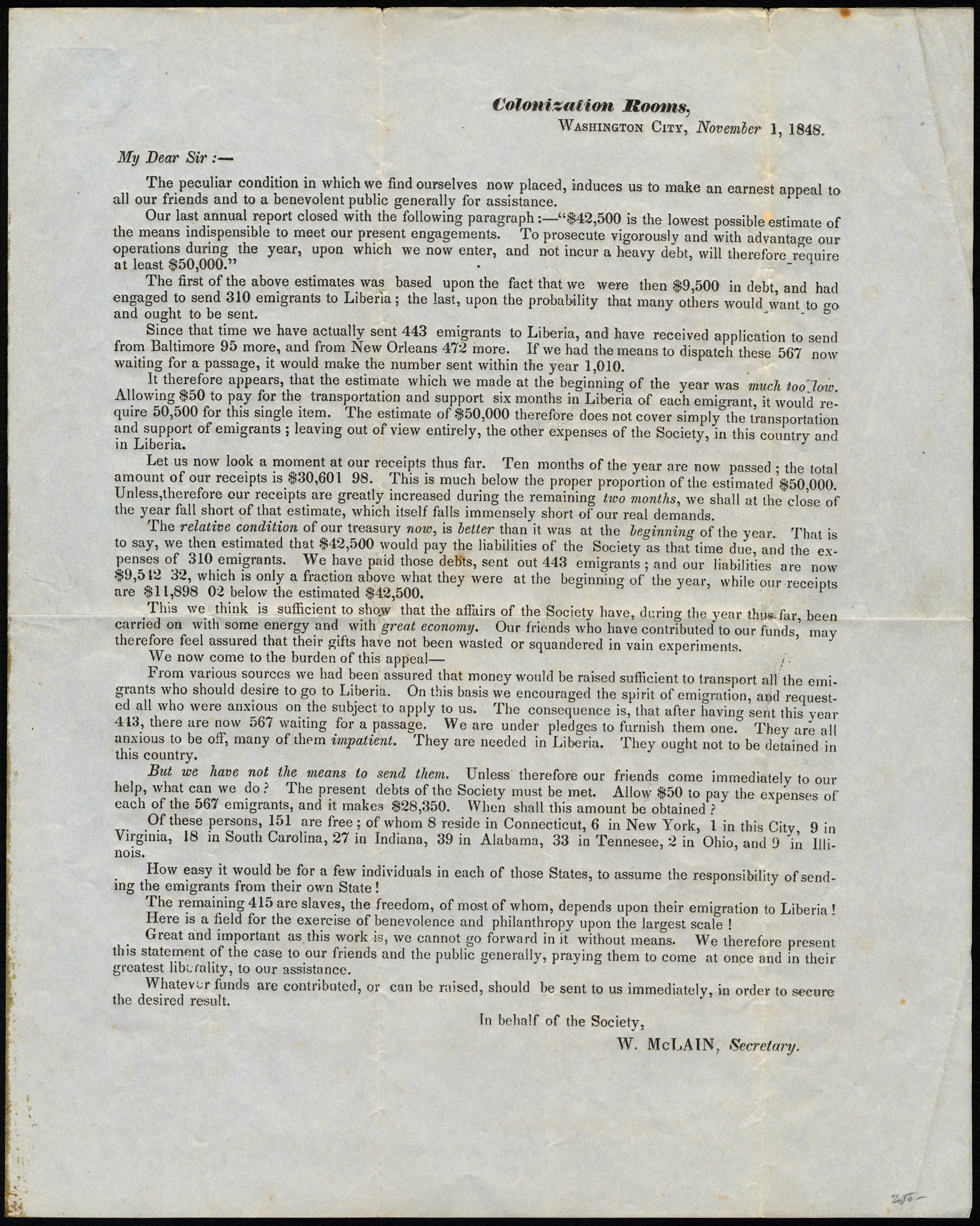 Colonization Rooms Printed Circular, November 1, 1848