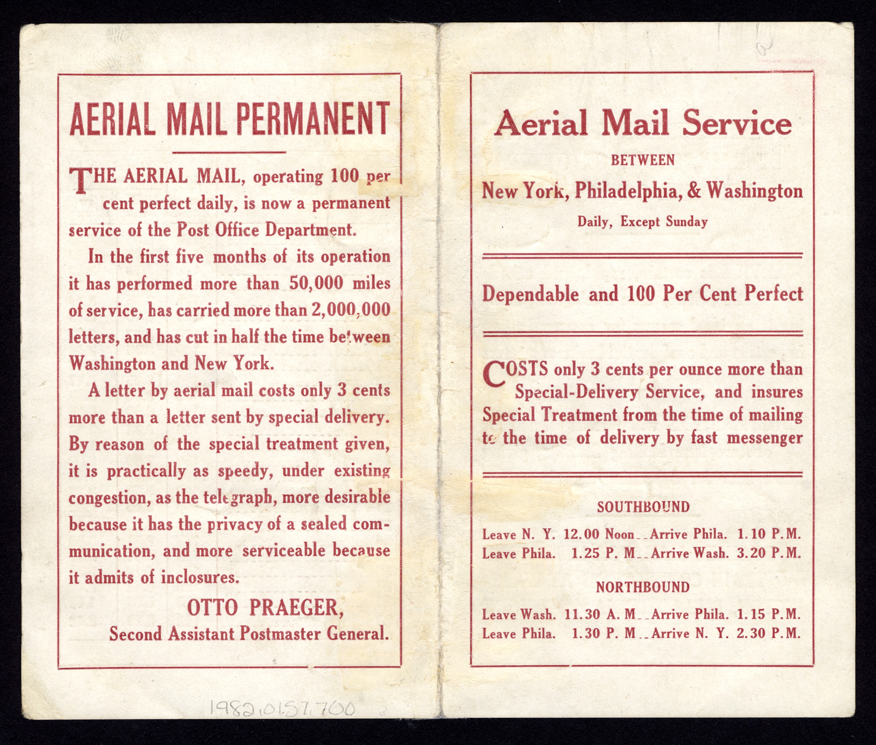 Airmail Service Advertising Pamphlet, October 1918